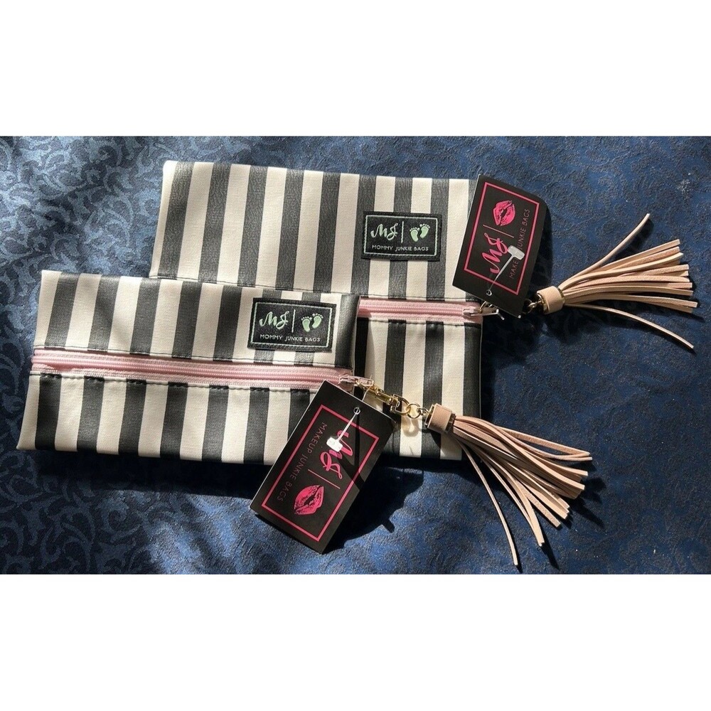 Set Of 2 Makeup Mommy Junkie Bags - Black And White Stripe - Zippered - Vinyl